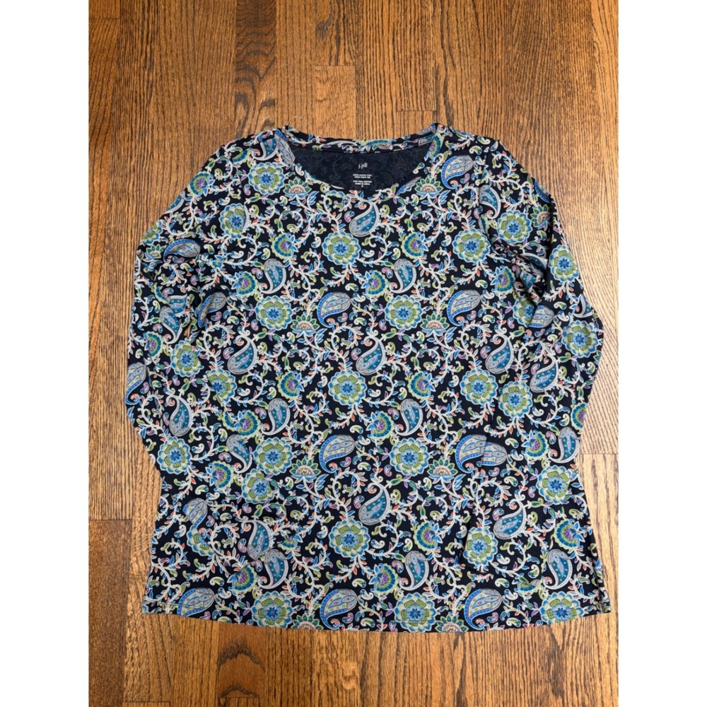 J. Jill Top Women M Blue Paisley Floral Pima Cotton Long Sleeve Crew Neck Boho